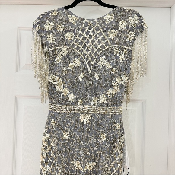 Mac Duggal 4908 HIGH NECK SLEEVELESS BEADED FRINGE FITTED GOWN Platinum Gold - Picture 5 of 10